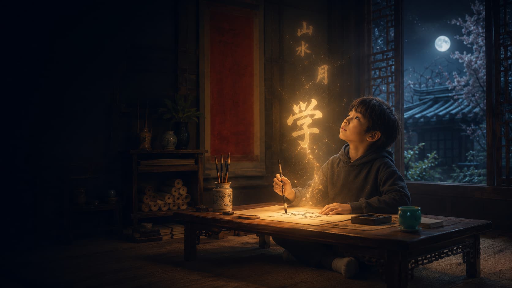 A child practicing Chinese calligraphy at a low wooden desk as the character 学 glows in the air above the brush, with 山 水 月 floating higher; moonlit courtyard visible through the window.
